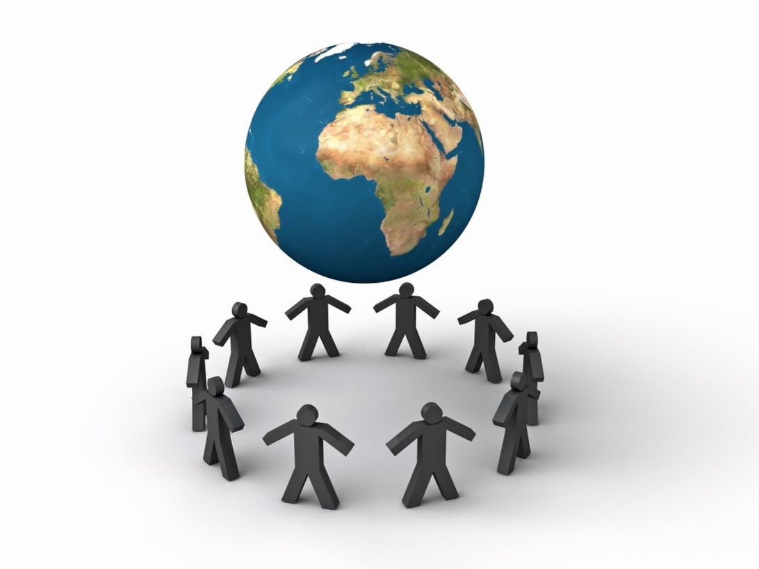 A 3D illustration of figures standing around a globe, representing the global community and networks that NGOs build online.